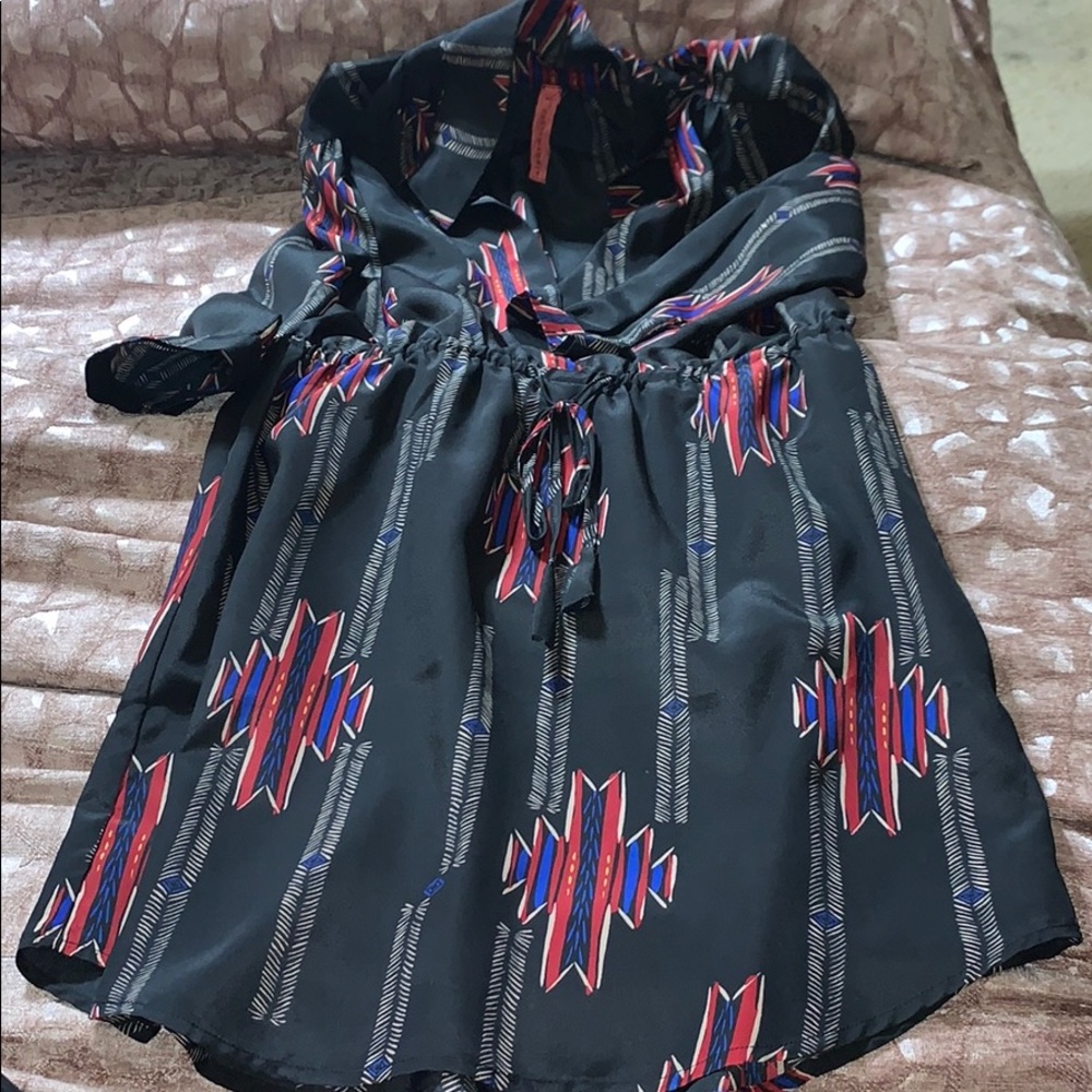Black midi dress red blue white motif
